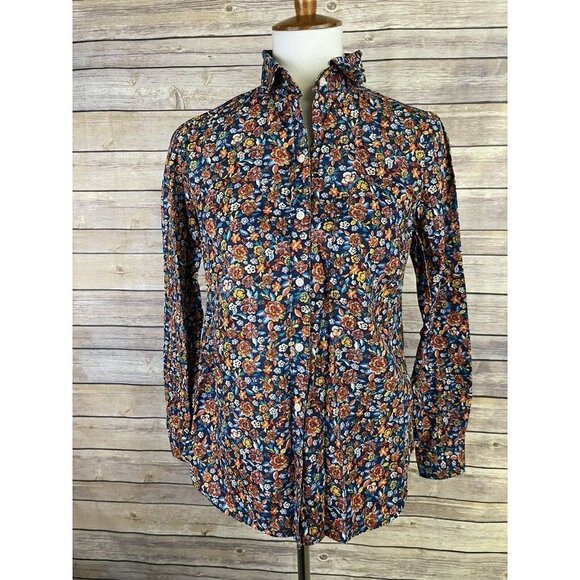 Old Navy Small Classic Button Up Blouse Floral Long Sleeve Top Blue Red Boho - Picture 1 of 10